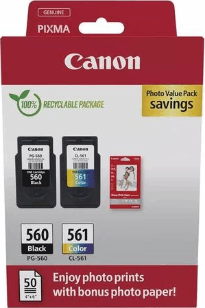 Canon PG-560 / CL-561 Eredeti Tintapatron + 50db Fotópapír - Fekete / Színes
