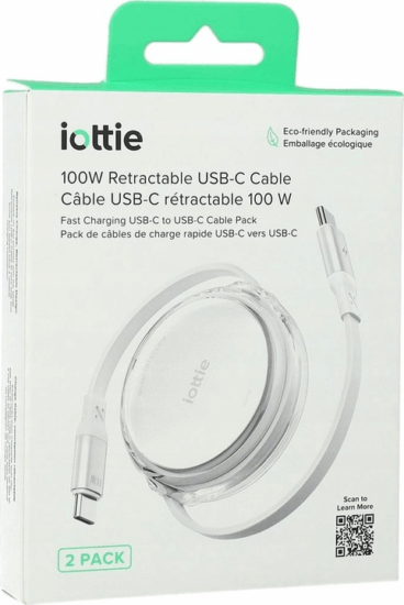 iOttie USB‑C Apa - USB‑C Apa Feltekerhető Adat és Töltőkábel 100W 1m - Fehér (2db/csomag)