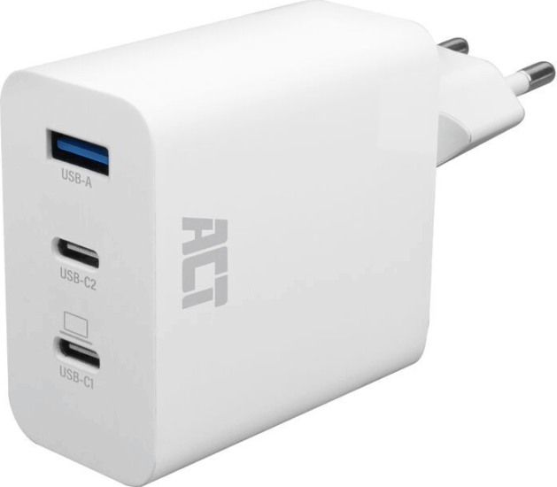 ACT AC2170 2x USB-C / USB-A Hálózati Gyorstöltő Adapter 65W - Fehér