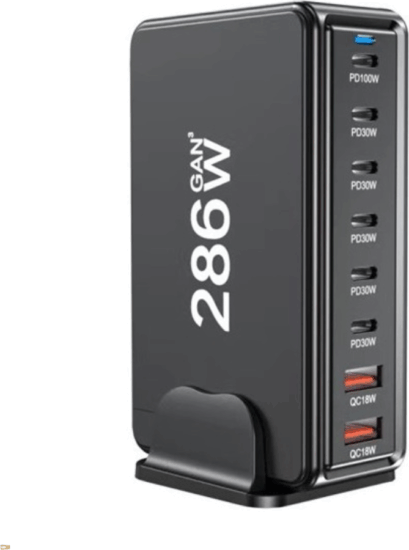 BlackBird 6x USB-C / 2x USB-A Hálózati Gyorstöltő Adapter 286W - Fekete