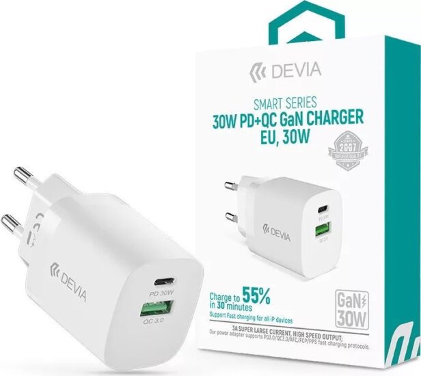 Devia ST386718 Smart Series GaN USB + USB-C Hálózati Gyorstöltő Adapter 30W - Fehér