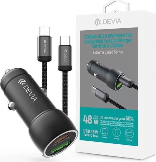 Devia STD112773 Extreme Speed Series PD+QC USB + USB-C Autós Gyorstöltő Adapter 30W + USB-C Kábel - Fekete