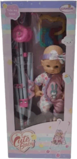 Játékbaba nyuszi mintás ruhában összecsukható babakocsival 25 cm