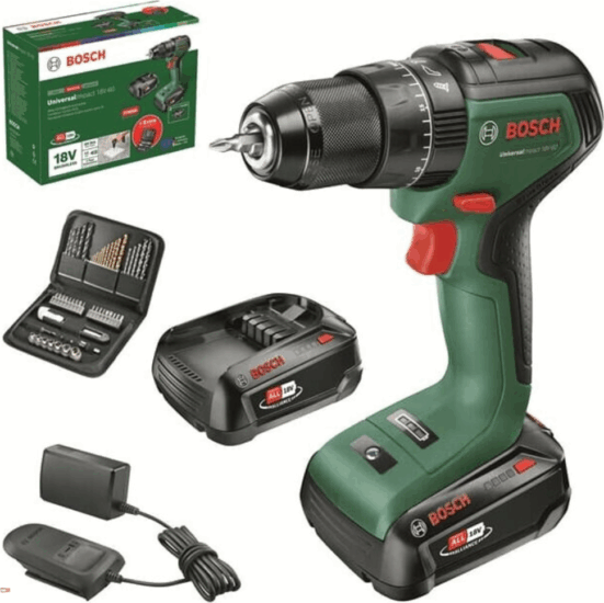 Bosch 06039D7106 Akkus fúró-csavarozó + 2x 18V Akkumulátor + 51 db-os Tartozék