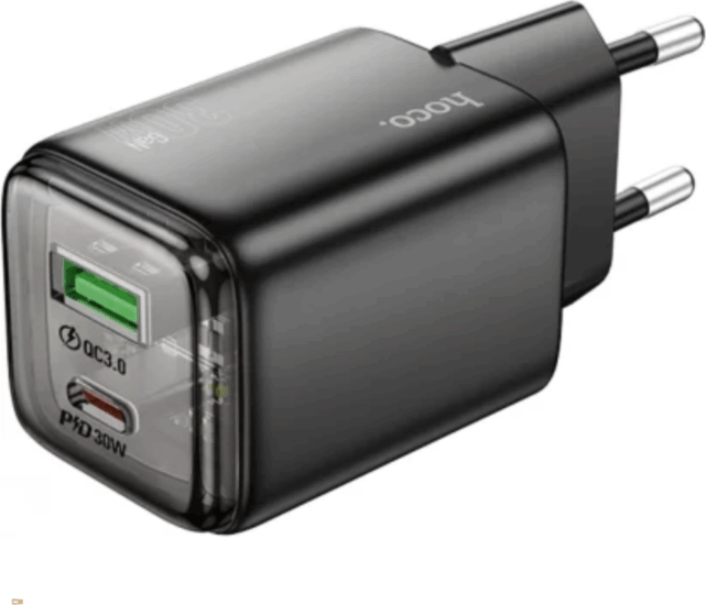 Hoco 1x USB-A + 1xUSB-C hálózati Gyorstöltő Adapter 30W - Fekete