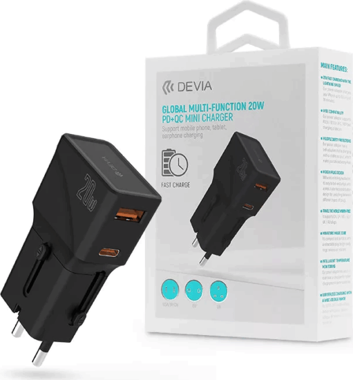 Devia ST102040 20W PD + QC Többfunkciós Mini Hálózati Töltő Utazó Adapter - Fekete