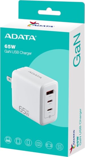 ADATA USB-A / 2x USB-C Hálózati Gyorstöltő Adapter 65W - Fehér