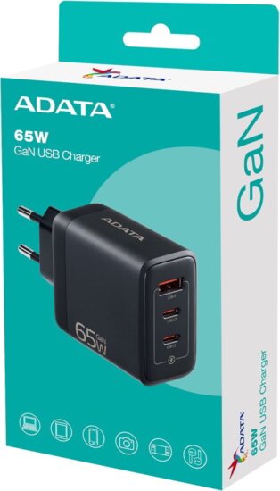 ADATA USB-A / 2x USB-C Hálózati gyorstöltő Adapter 65W - Fekete