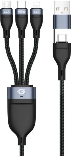 Conceptronic ETTA06B15 3-in-1 USB-C / Lightning / Micro-USB Adat- és Töltőkábel 100 W 1,5 m - Fekete