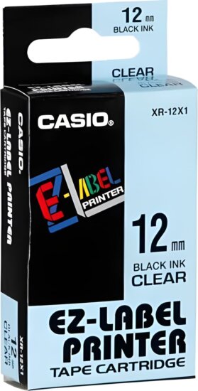 Casio XR-12 X 12 mm / 8 m Feliratozógép szalag - Átlátszó alapon fekete