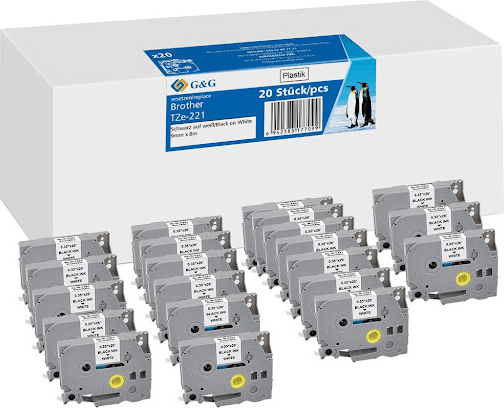 G&G (Brother TZe-221) 9mm / 8m Feliratozógép szalag 20db - Fehér alapon fekete