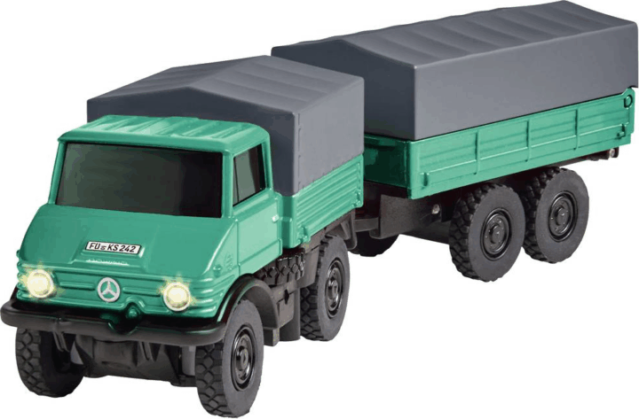 Carson RTR MB Unimog Távirányítós teherautó utánfutóval és LED fénnyel 2,4G 1:87 - Zöld