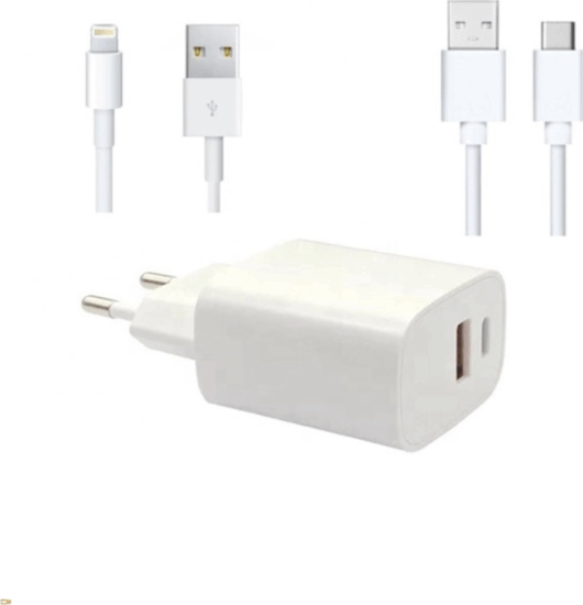 BlackBird USB-A / USB-C Hálózati Adapter 25W + Type-C / Lightning kábel 1m - Fehér