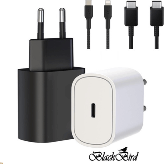 BlackBird USB-C Hálózati Adapter 25W + Type-C + Lightning kábel 1m - Fekete