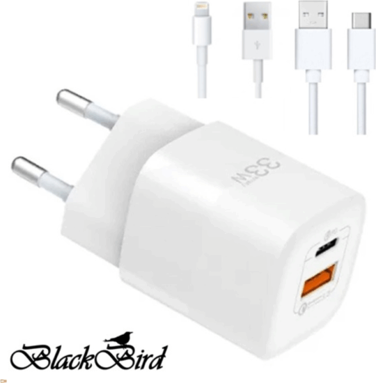 BlackBird USB-A / USB-C Hálózati Adapter 33W + Lightning kábel 1m + USB-C kábel 1m - Fehér