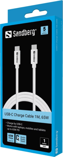 SANDBERG 136-52 USB-C Apa - USB-C Apa 65W Adat és Töltőkábel 1m - Fehér