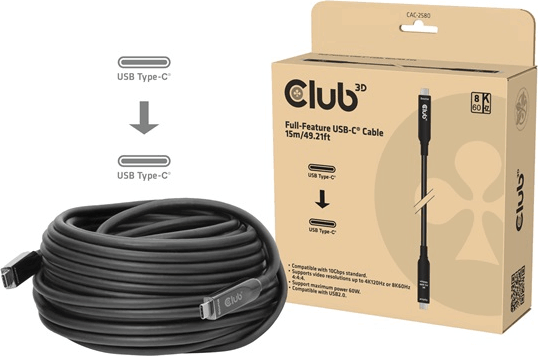 Club 3D CAC-2580 USB-C 1.4 Apa - USB-C 1.4 Apa Adat és Töltőkábel 60W 8K 60Hz 15m - Fekete