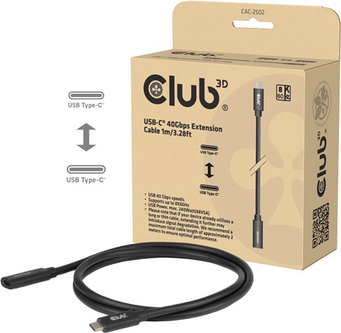 Club 3D CAC-2502 USB-C 1.4 Apa - USB-C 1.4 Anya Hosszabbító Kábel 240W 1m - Fekete