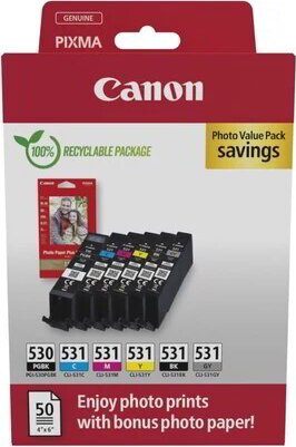 Canon PGI-530 / CLI-531 Photo Value Eredeti Tintapatron Multipack + 50 db Fotópapír - Többszínű Canon PGI-530 / CLI-531 Photo Value Eredeti Tintapatron Multipack + 50 db Fotópapír - Többszínű