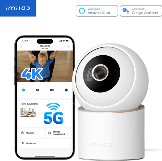 Imilab C40 4K WiFi 8MP 360° forgatható okos kompakt kamera + hálózati adapter - Fehér