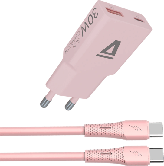 AVAX CH6417 30W GaN Gyorstöltő és 60W Szilikon USB-C kábel csomag - Rózsaszín AVAX CH6417 30W GaN Gyorstöltő és 60W Szilikon USB-C kábel csomag - Rózsaszín