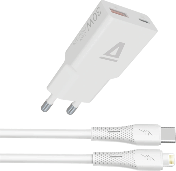 AVAX CH6414 GaN Gyorstöltő és szilikon USB-C-Lightning kábel 30W - Fehér
