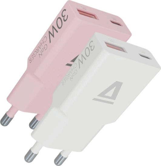 AVAX CH6412 GaN 2 darabos USB-C és USB-A gyorstöltő Duo csomag 30W - Rózsaszín / Fehér AVAX CH6412 GaN 2 darabos USB-C és USB-A gyorstöltő Duo csomag 30W - Rózsaszín / Fehér