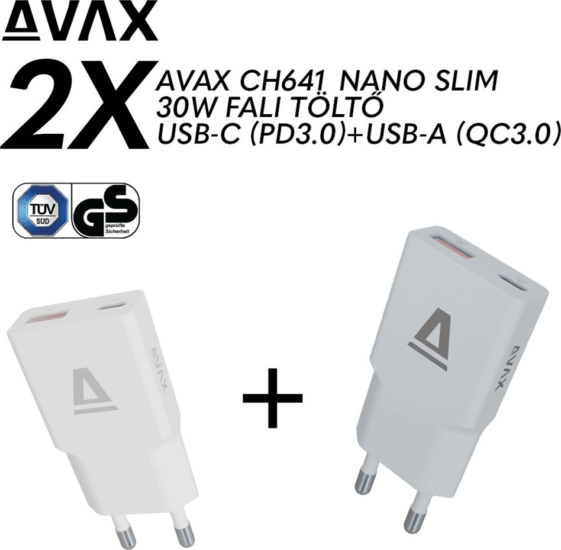 AVAX CH641W & CH641LB GaN USB-C és USB-A Gyorstöltő Duo csomag 30W - Fehér