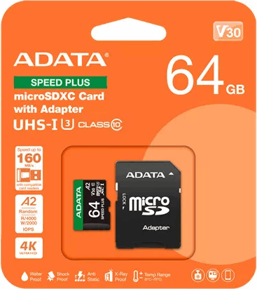 ADATA MicroSDXC 64GB Memóriakártya + Adapter Speed Plus UHS-I U3 (160/140) ADATA MicroSDXC 64GB Memóriakártya + Adapter Speed Plus UHS-I U3 (160/140)