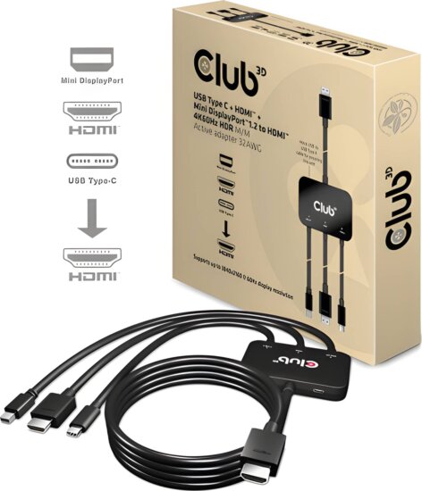 Club 3D CAC-1630 USB-C + HDMI + Mini DisplayPort 1.2 apa - HDMI apa HDR aktív Átalakító Adapter Club 3D CAC-1630 USB-C + HDMI + Mini DisplayPort 1.2 apa - HDMI apa HDR aktív Átalakító Adapter