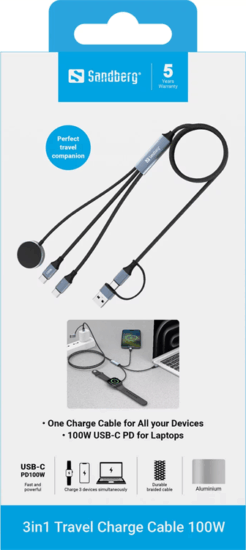 SANDBERG 441-69 3in1 USB-C apa - USB-C/USB-A apa + Mágneses Apple Watch Adat és Töltőkábel 100 Watt 1,2m - Fekete