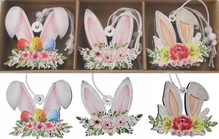 Felakasztható 9 darabos Nyuszifül húsvéti dekoráció fából 5 cm
