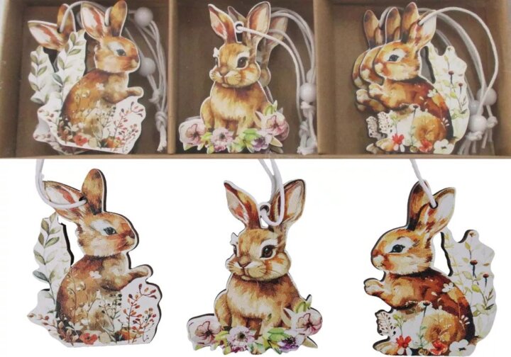 Felakasztható 9 darabos Nyuszi húsvéti dekoráció fából 5 cm