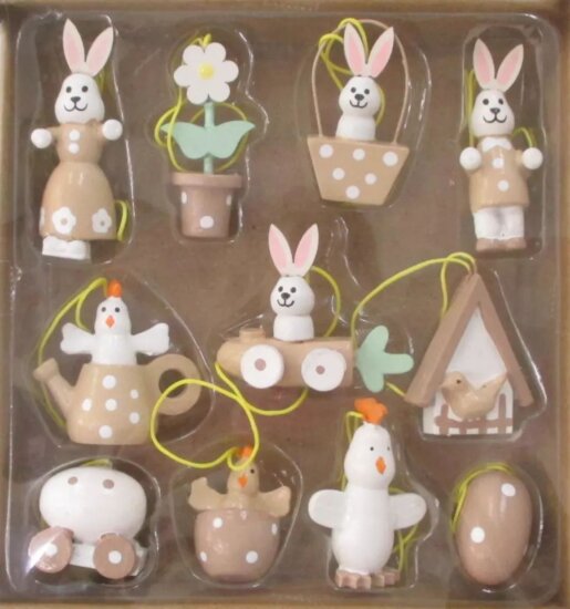 Felakasztható 11 darabos Nyuszis Húsvéti dekoráció fából