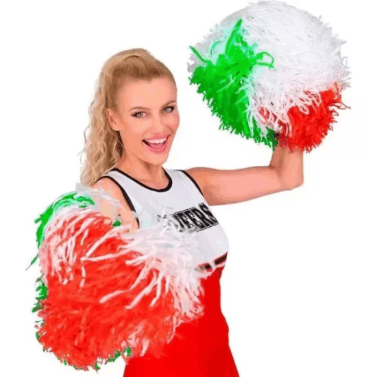 Pom-pom szurkolólány jelmez kiegészítő - Zöld/Fehér/Piros Pom-pom szurkolólány jelmez kiegészítő - Zöld/Fehér/Piros