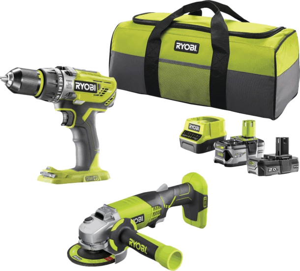 Ryobi ONE+ R18PDAG-242S Akkus Ütvefúró- csavarozó / Sarokcsiszoló készlet 18V + 2x 18V Akkumulátor + Töltő + Táska Ryobi ONE+ R18PDAG-242S Akkus Ütvefúró- csavarozó / Sarokcsiszoló készlet 18V + 2x 18V Akkumulátor + Töltő + Táska