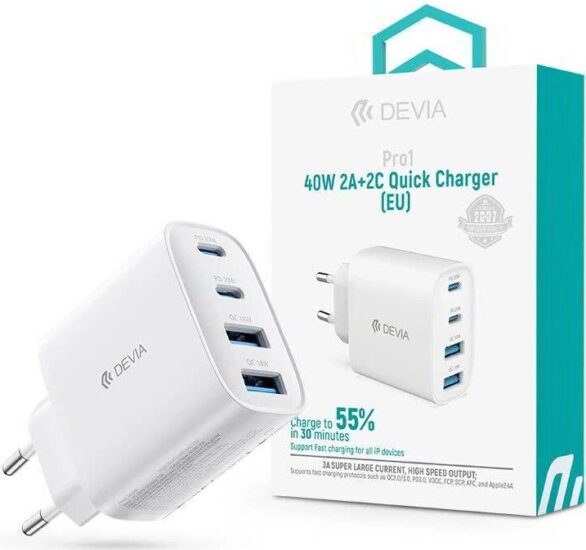 Devia ST137325 Pro1 2x USB-A + 2x USB-C Hálózati Gyorstöltő Adapter - Fehér Devia ST137325 Pro1 2x USB-A + 2x USB-C Hálózati Gyorstöltő Adapter - Fehér
