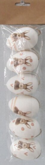 Nyuszi mintás dekorációs tojás Húsvéti dekoráció 6cm - Fehér (6db/csomag)