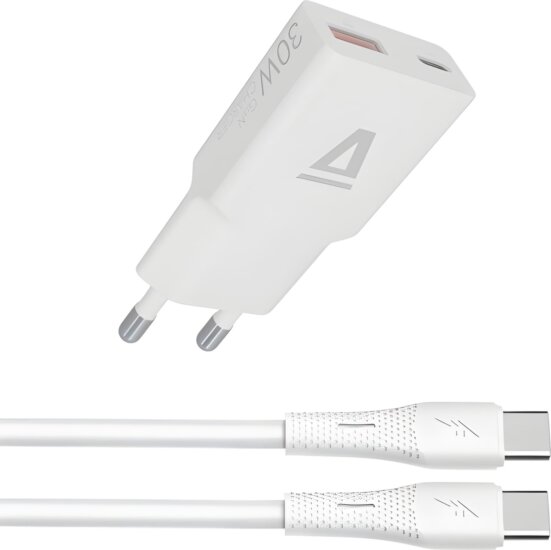 AVAX CH6413 USB-C GaN Hálozati Gyorstöltő Adapter 30W + USB-C Töltőkábel 60W - Fehér