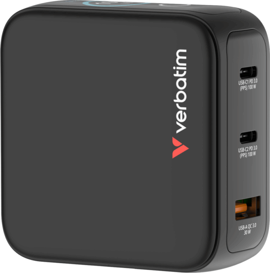 Verbatim 30239 USB-A / 2x USB-C Mini GaN Hálózati Gyorstöltő Adapter 100W - Fekete