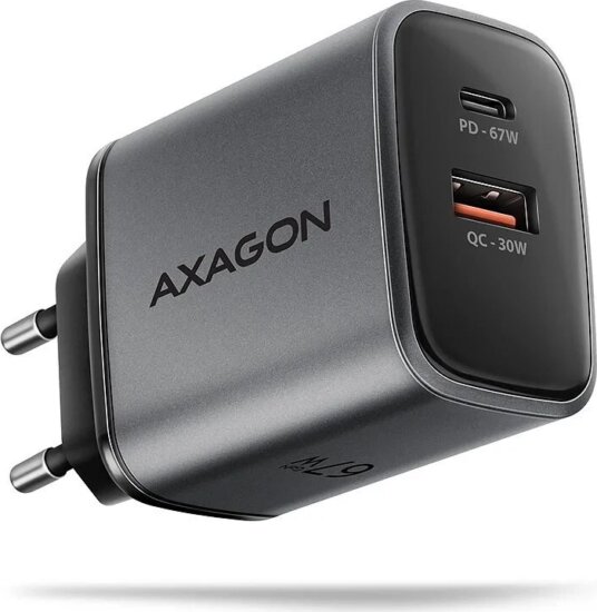 Axagon ACU-PQ67 PD3.0 & QC4+ USB-C / USB-A Hálózati Gyorstöltő Adapter 67W - Fekete