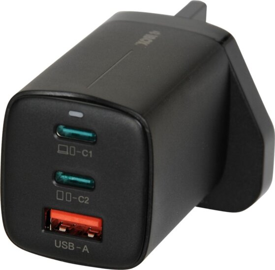 iBox ILUC65BUK GaN USB-A / 2x USB-C Hálózati Gyorstöltő Adapter 65W + USB-C Kábel - Fekete