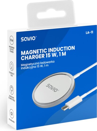 Savio LA-11 Magnetic Qi Wireless Töltő Adapter 15W integrált USB-C kábellel 1m - Fehér