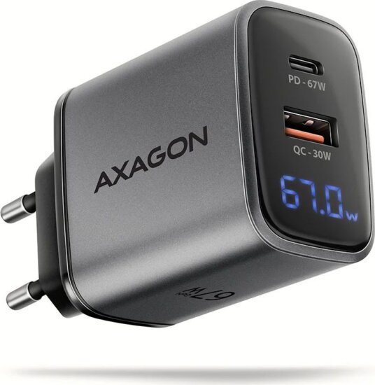 Axagon ACU-PQ67D PD3.0 & QC4+ USB-A / USB-C 67W LCD Hálozati Gyorstöltő Adapter - Fekete