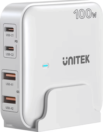 Unitek 2x USB-A / 2x USB-C Hálózati Asztali Gyorstöltő Állomás 100W - Fehér