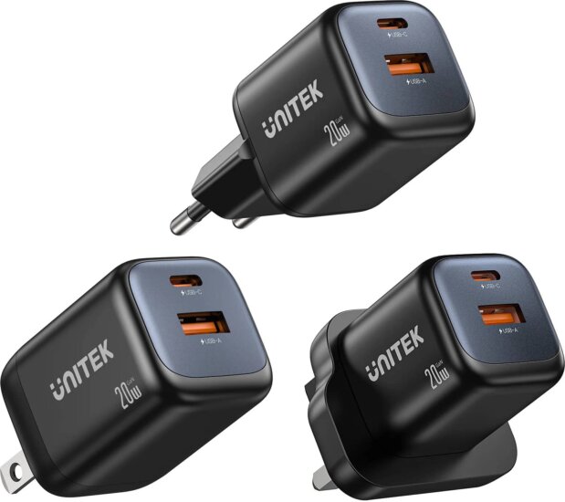 Unitek P1128ABK01-EU USB-A / USB-C GaN Hálózati Utazó Töltő Adapter 20W - Fekete