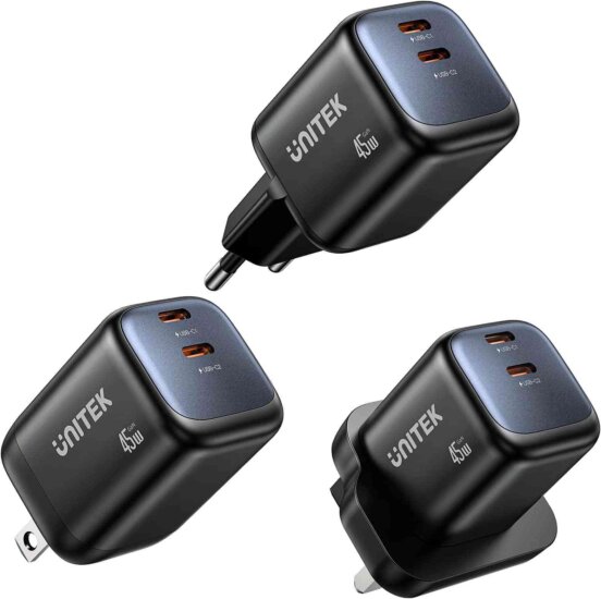 Unitek P1129ABK01-EU 2x USB-C GaN Hálozati Utazó Gyorstöltő Adapter 45W - Fekete