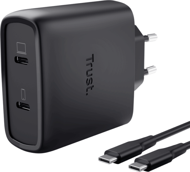 Trust Maxo 2x USB-C GaN Hálozati Gyorstöltő Adapter 65W + USB-C Kábel 2m - Fekete