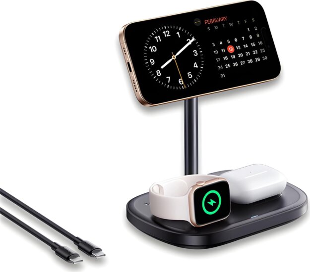 Baseus EnerFill FS41 3-in-1 Wireless Töltőállvány 22,5W + USB-C Kábel 1m - Fekete