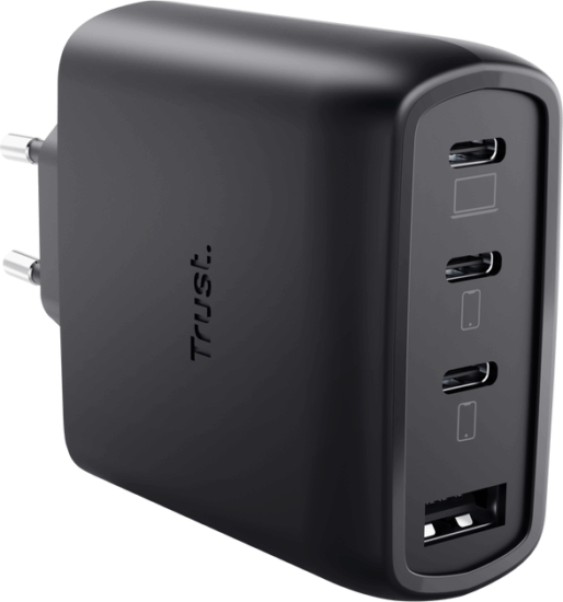 Trust 26067 Maxo USB-A / 3x USB-C GaN Hálozati Gyorstöltő Adapter 65W + USB-C Kábel 2m - Fekete